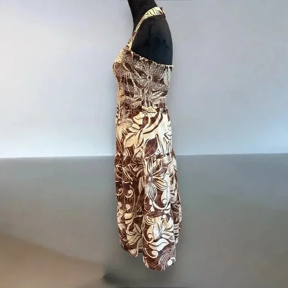 Sam Edelman SMOCKED SLIT-FRONT HALTER MIDI DRESS floral beige and brown sz  med Midi